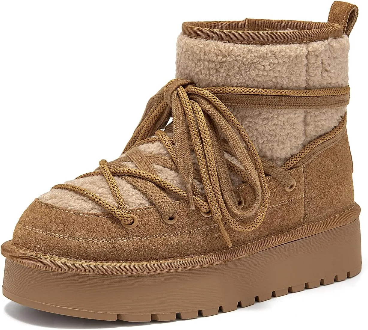BEAU TODAY Snow Boots for Women, Platform Anti-Slip Winter Booties, Warm Fur Lace Up Round Toe Ankle Boots for Women, Comfort Faux Fur Outdoor Walking Boots