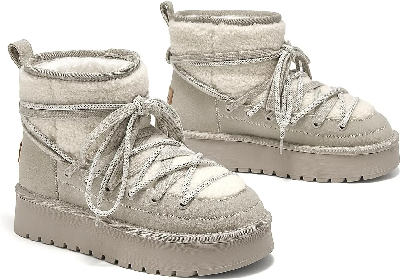 BEAU TODAY Snow Boots for Women, Platform Anti-Slip Winter Booties, Warm Fur Lace Up Round Toe Ankle Boots for Women, Comfort Faux Fur Outdoor Walking Boots