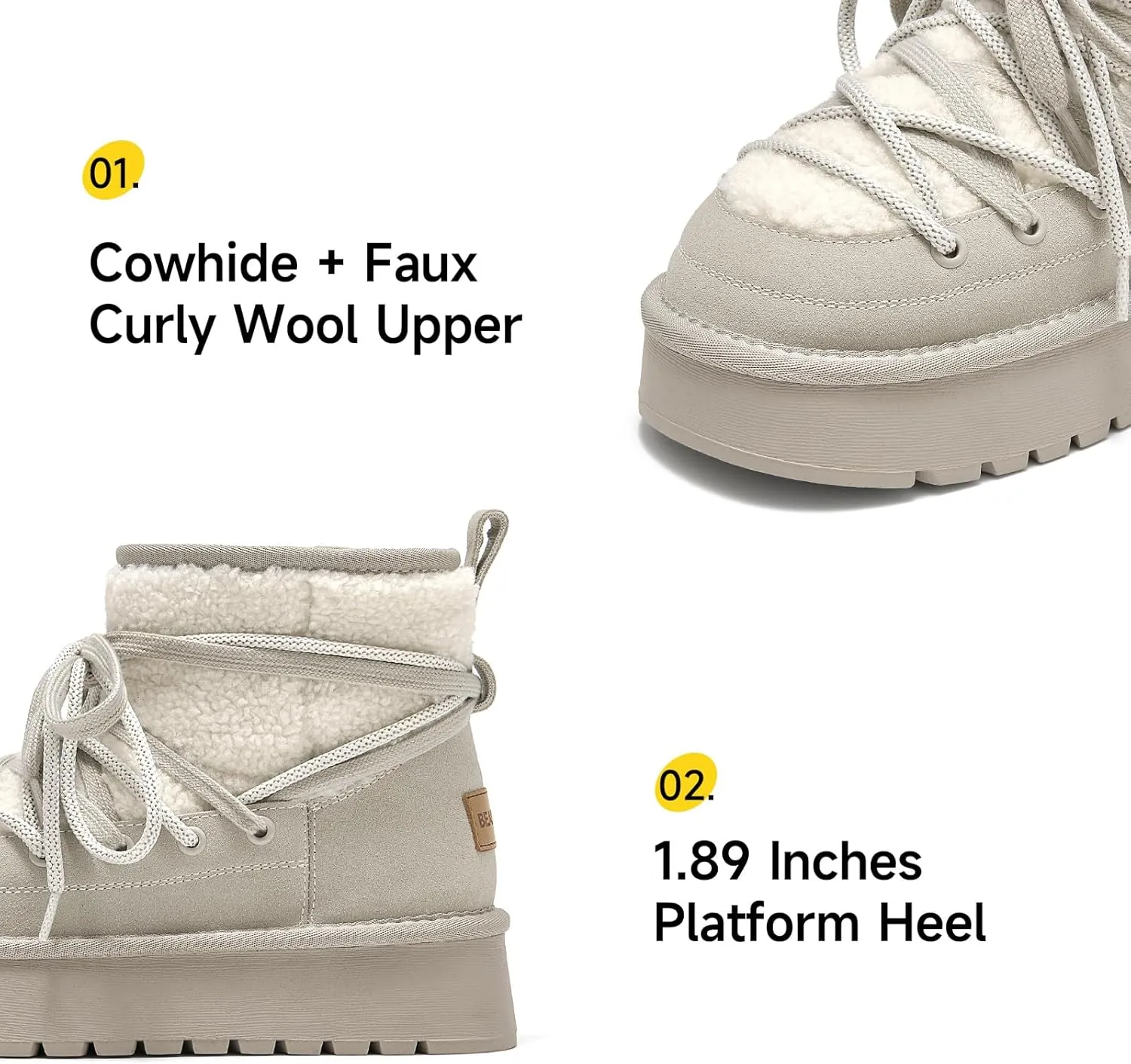 BEAU TODAY Snow Boots for Women, Platform Anti-Slip Winter Booties, Warm Fur Lace Up Round Toe Ankle Boots for Women, Comfort Faux Fur Outdoor Walking Boots