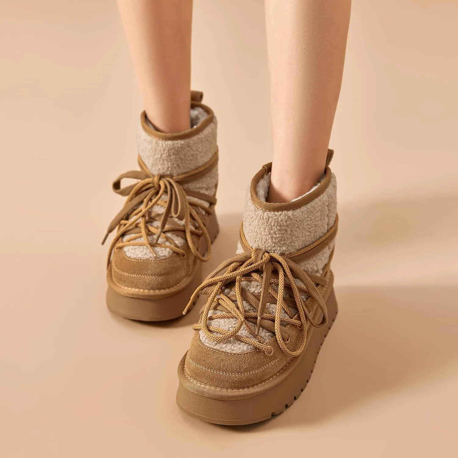 BEAU TODAY Snow Boots for Women, Platform Anti-Slip Winter Booties, Warm Fur Lace Up Round Toe Ankle Boots for Women, Comfort Faux Fur Outdoor Walking Boots