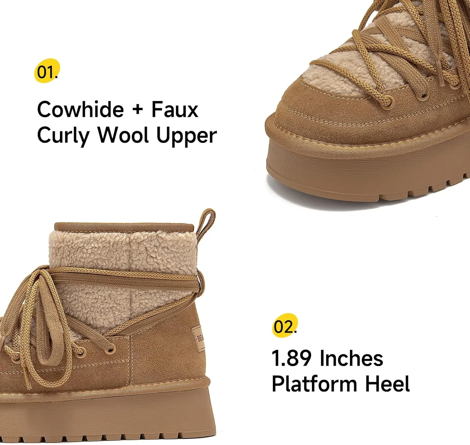 BEAU TODAY Snow Boots for Women, Platform Anti-Slip Winter Booties, Warm Fur Lace Up Round Toe Ankle Boots for Women, Comfort Faux Fur Outdoor Walking Boots