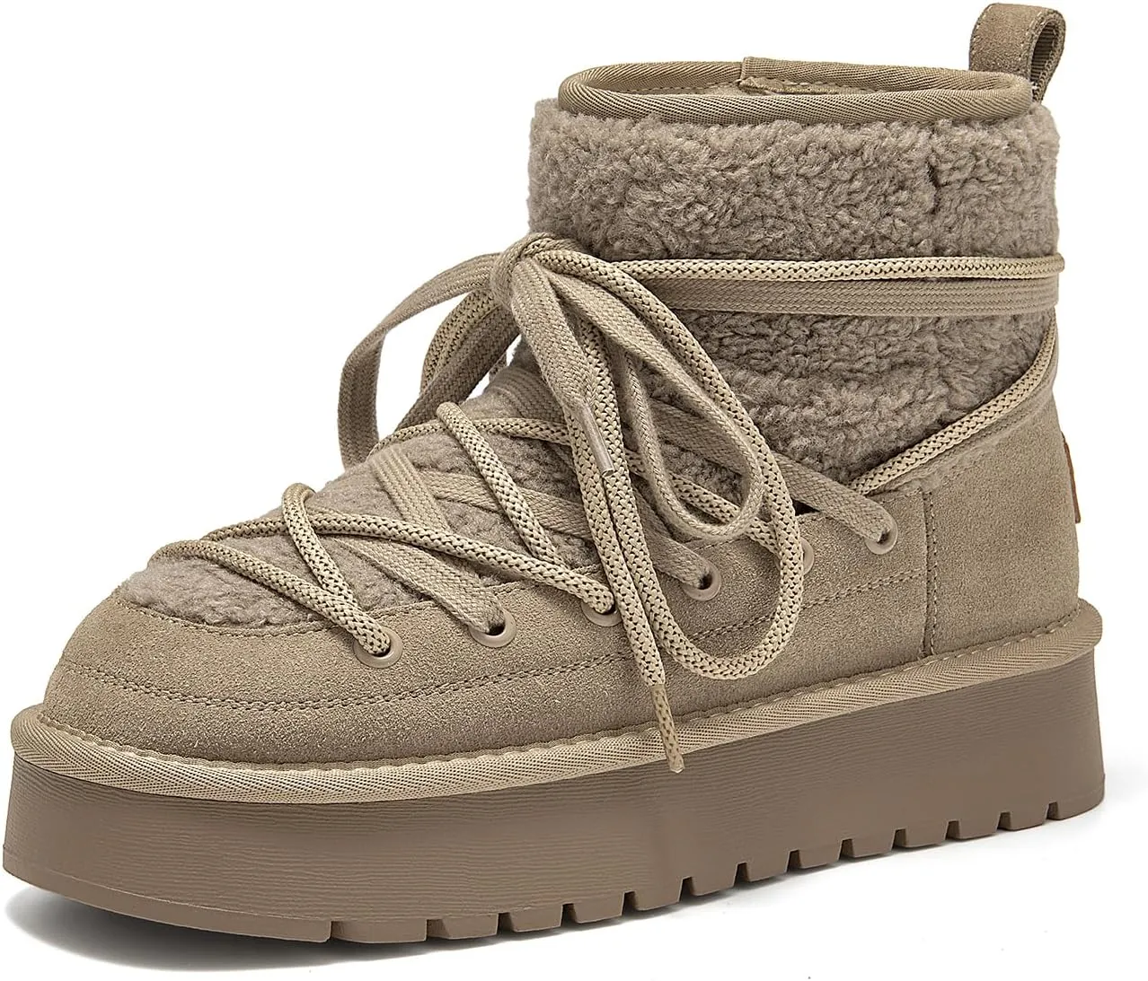 BEAU TODAY Snow Boots for Women, Platform Anti-Slip Winter Booties, Warm Fur Lace Up Round Toe Ankle Boots for Women, Comfort Faux Fur Outdoor Walking Boots