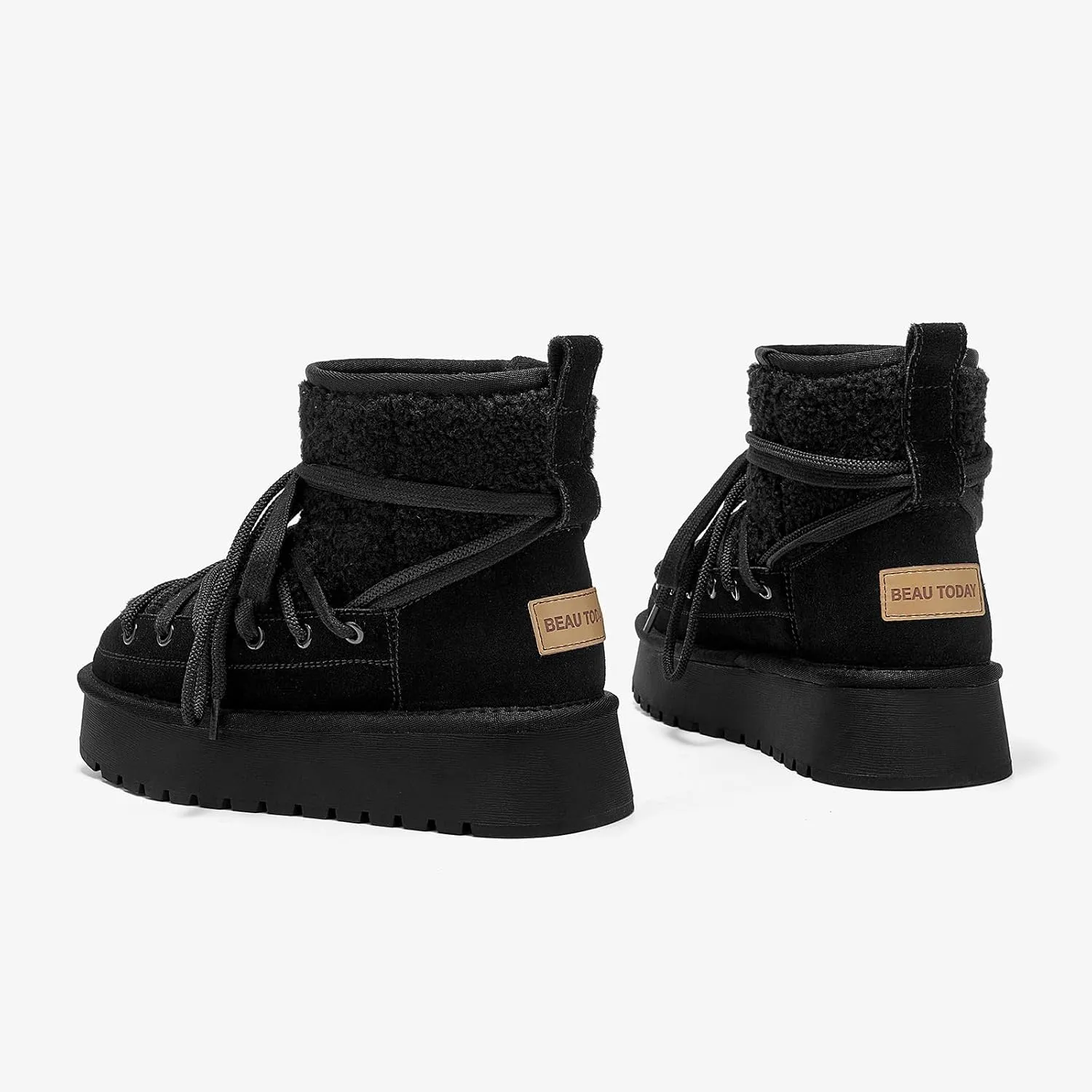 BEAU TODAY Snow Boots for Women, Platform Anti-Slip Winter Booties, Warm Fur Lace Up Round Toe Ankle Boots for Women, Comfort Faux Fur Outdoor Walking Boots