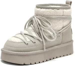 BEAU TODAY Snow Boots for Women, Platform Anti-Slip Winter Booties, Warm Fur Lace Up Round Toe Ankle Boots for Women, Comfort Faux Fur Outdoor Walking Boots