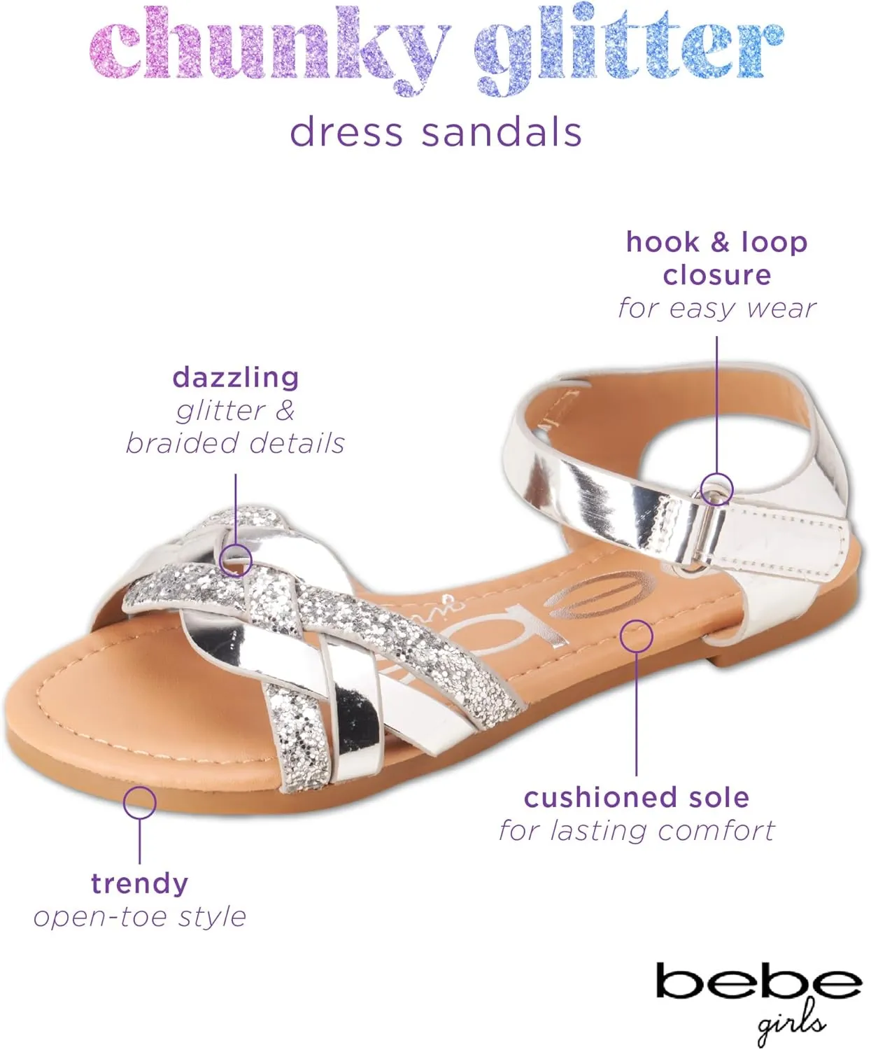 bebe Girls Sandals - Big girl and Toddler Girl Sandals with Durable Leather and Glitter Straps, Summer Dress Shoes for Girls