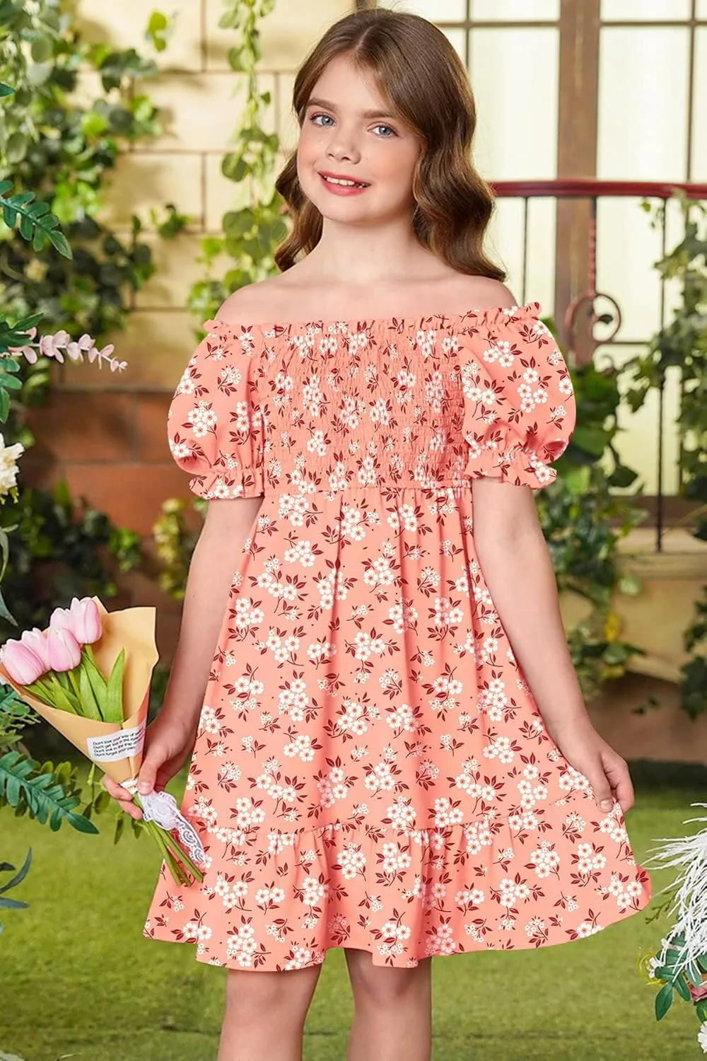 BesserBay Girls Summer Puff Sleeve Square Neck Smocked Ruffle Trim Flowy Midi Dress 4-14 Years
