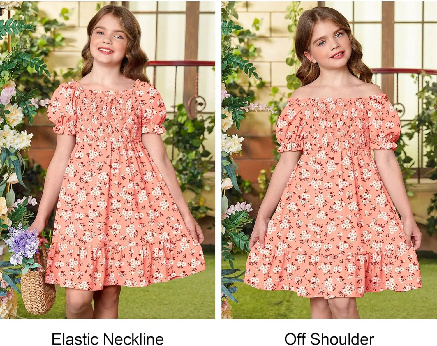 BesserBay Girls Summer Puff Sleeve Square Neck Smocked Ruffle Trim Flowy Midi Dress 4-14 Years