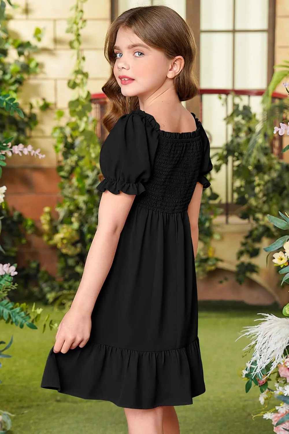 BesserBay Girls Summer Puff Sleeve Square Neck Smocked Ruffle Trim Flowy Midi Dress 4-14 Years
