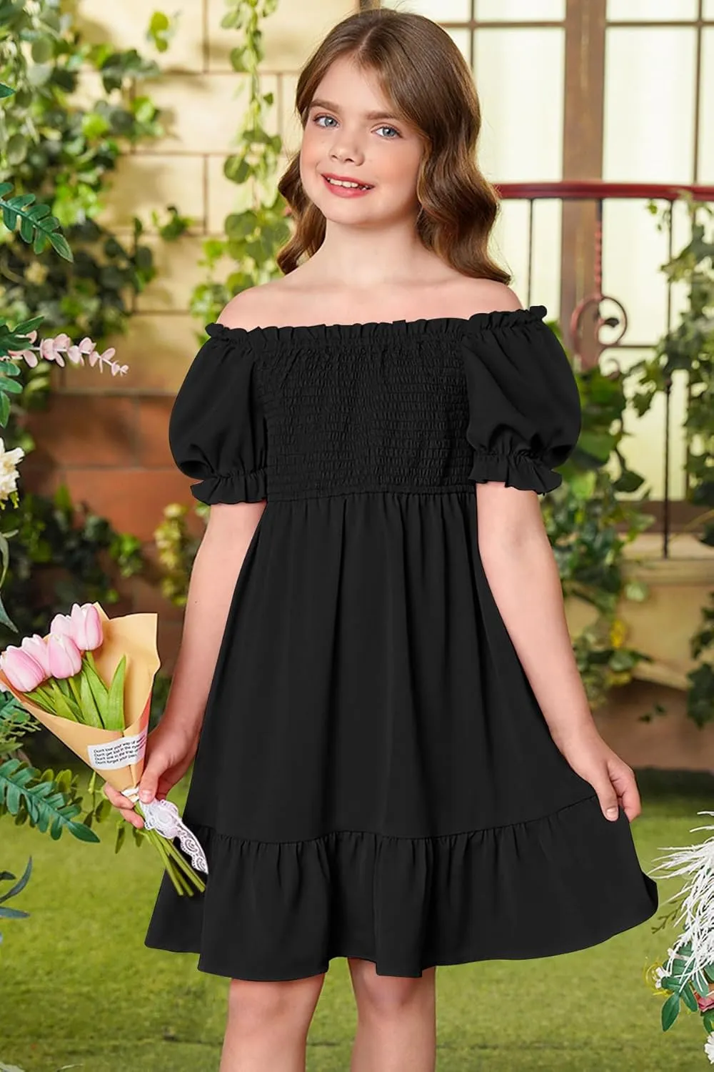 BesserBay Girls Summer Puff Sleeve Square Neck Smocked Ruffle Trim Flowy Midi Dress 4-14 Years