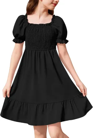 BesserBay Girls Summer Puff Sleeve Square Neck Smocked Ruffle Trim Flowy Midi Dress 4-14 Years