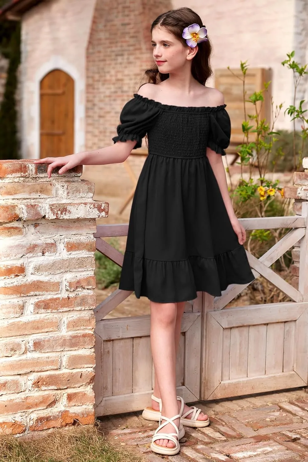 BesserBay Girls Summer Puff Sleeve Square Neck Smocked Ruffle Trim Flowy Midi Dress 4-14 Years