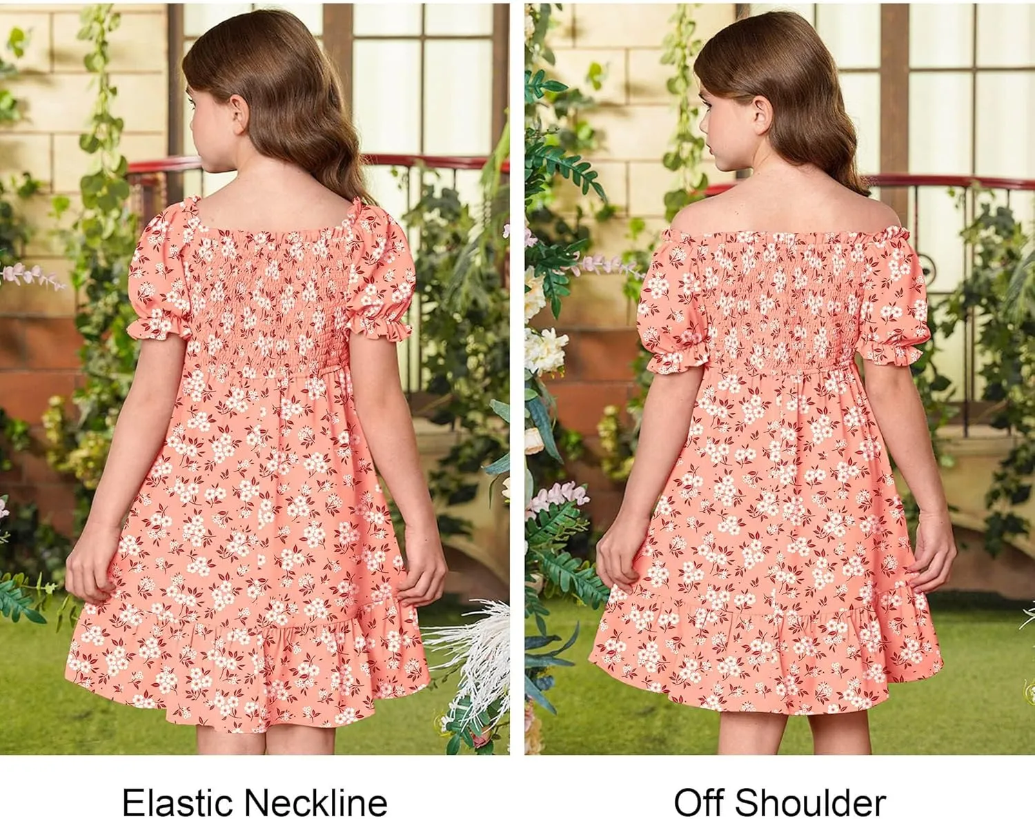 BesserBay Girls Summer Puff Sleeve Square Neck Smocked Ruffle Trim Flowy Midi Dress 4-14 Years