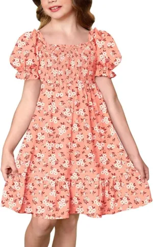 BesserBay Girls Summer Puff Sleeve Square Neck Smocked Ruffle Trim Flowy Midi Dress 4-14 Years