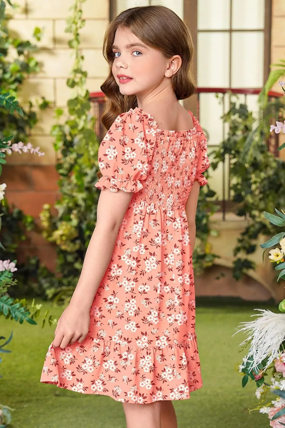 BesserBay Girls Summer Puff Sleeve Square Neck Smocked Ruffle Trim Flowy Midi Dress 4-14 Years
