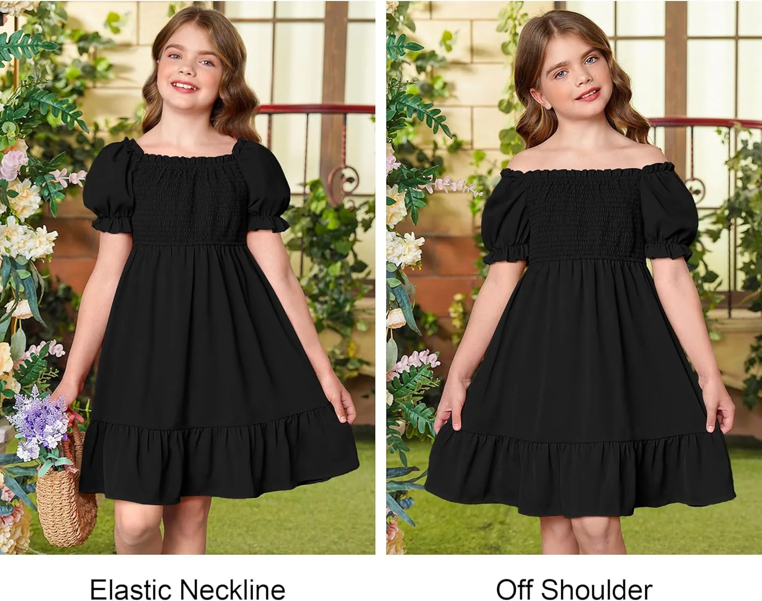 BesserBay Girls Summer Puff Sleeve Square Neck Smocked Ruffle Trim Flowy Midi Dress 4-14 Years