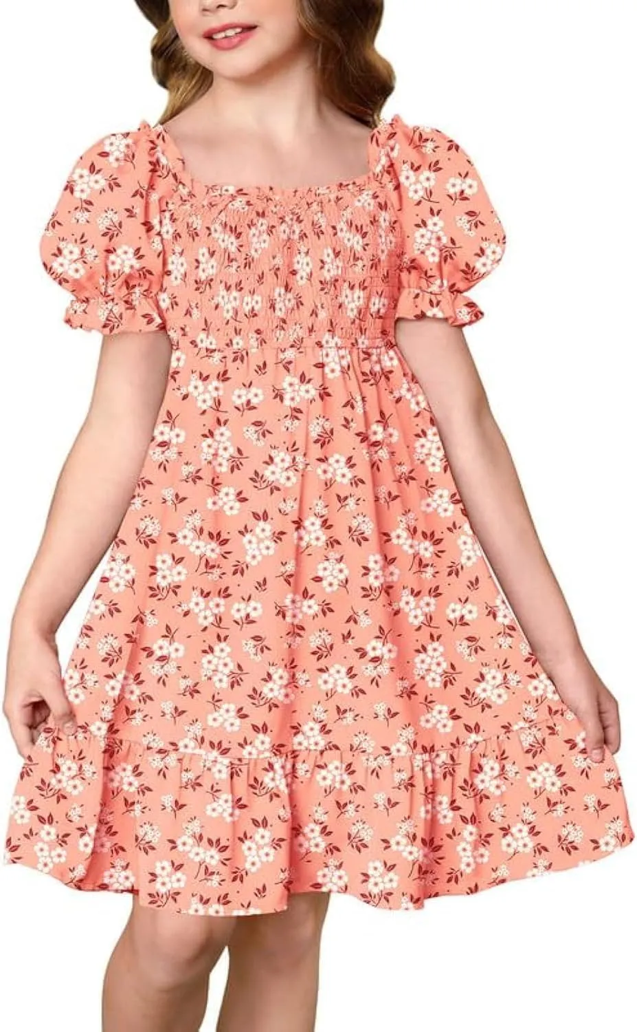 BesserBay Girls Summer Puff Sleeve Square Neck Smocked Ruffle Trim Flowy Midi Dress 4-14 Years