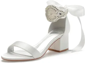 Block Heels Bride Wedding Pumps Bowknot Strap Bride Pumps Bridal Shoes Beaded Ankle Satin Sandals Open Toe Dress Evening Comfortable,Ivory,8.5