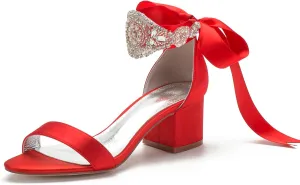 Block Heels Bride Wedding Pumps Bowknot Strap Bride Pumps Bridal Shoes Beaded Ankle Satin Sandals Open Toe Dress Evening Comfortable,Red,11.5