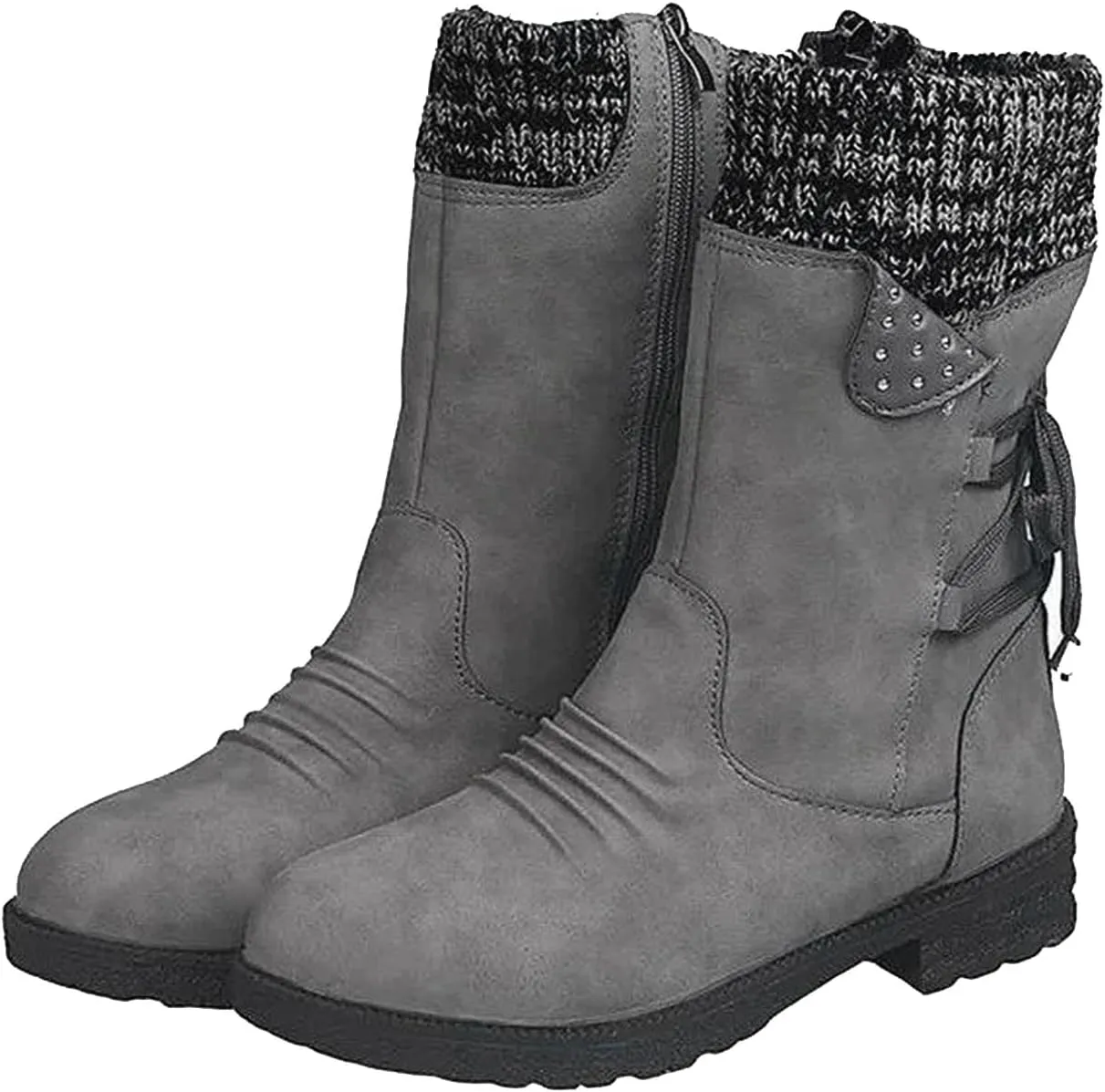 Boots for Women Trendy Winter Mid Calf Side Zip Low Heel Western Platform Hiking Booties Warm Non Slip Outdoor Shoes