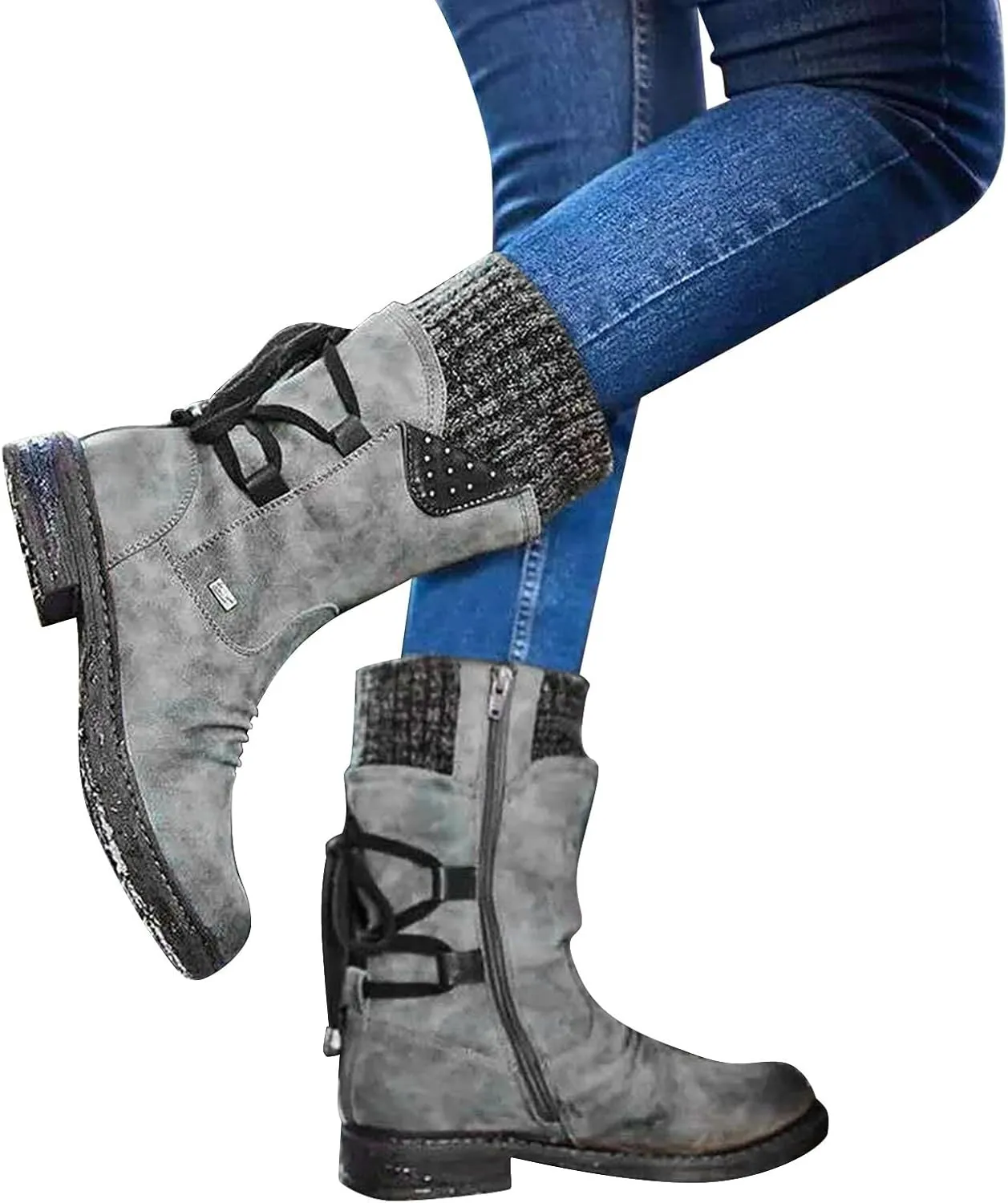 Boots for Women Trendy Winter Mid Calf Side Zip Low Heel Western Platform Hiking Booties Warm Non Slip Outdoor Shoes