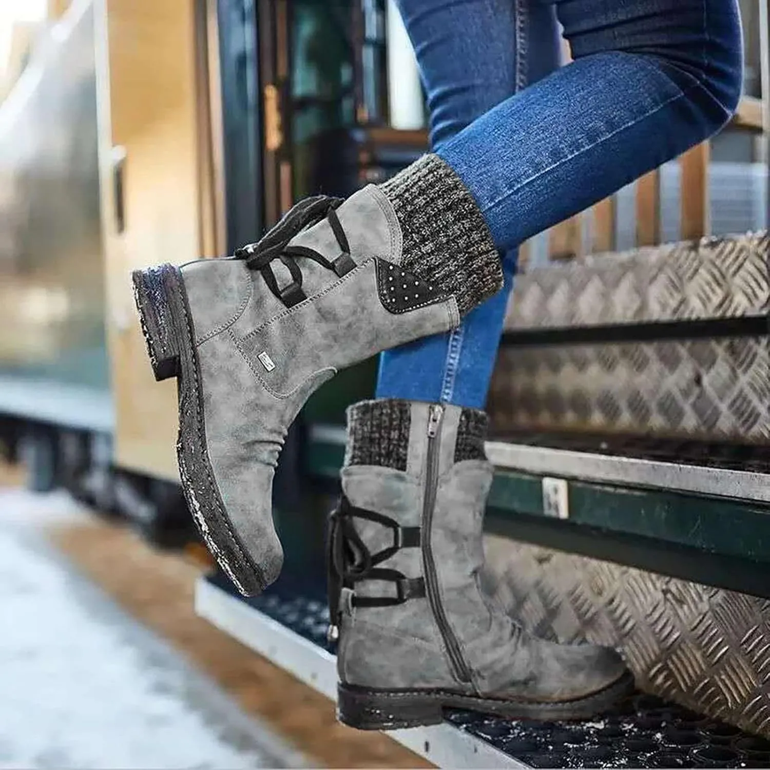 Boots for Women Trendy Winter Mid Calf Side Zip Low Heel Western Platform Hiking Booties Warm Non Slip Outdoor Shoes