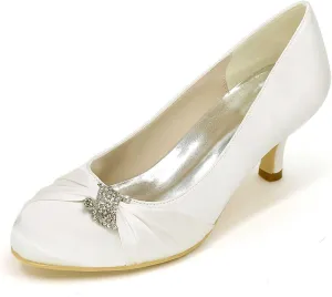 Bride's High Heel Slip-On Wedding Shoes - Closed Toe, Elegant Satin Pumps Perfect for Evening Parties, Proms, & Formal Dress Events