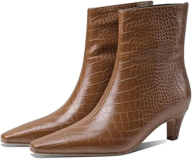 Caradise Womens Ankle Boots Pointed Toe Mid Kitten Heel Booties Pull On Wide Calf Crocodile Short Boots