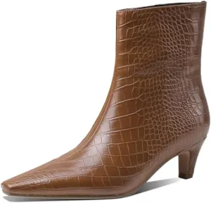 Caradise Womens Ankle Boots Pointed Toe Mid Kitten Heel Booties Pull On Wide Calf Crocodile Short Boots