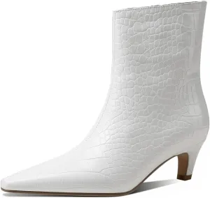 Caradise Womens Ankle Boots Pointed Toe Mid Kitten Heel Booties Pull On Wide Calf Crocodile Short Boots