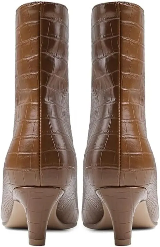 Caradise Womens Ankle Boots Pointed Toe Mid Kitten Heel Booties Pull On Wide Calf Crocodile Short Boots