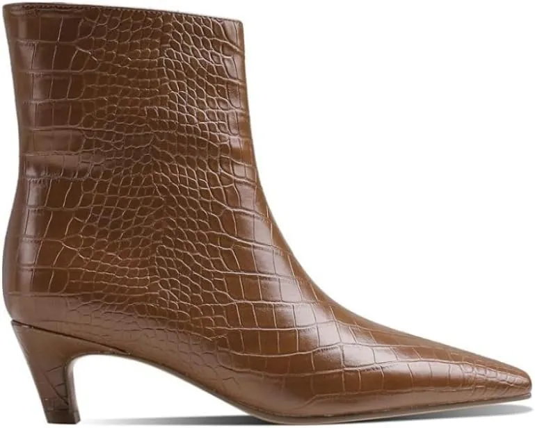 Caradise Womens Ankle Boots Pointed Toe Mid Kitten Heel Booties Pull On Wide Calf Crocodile Short Boots