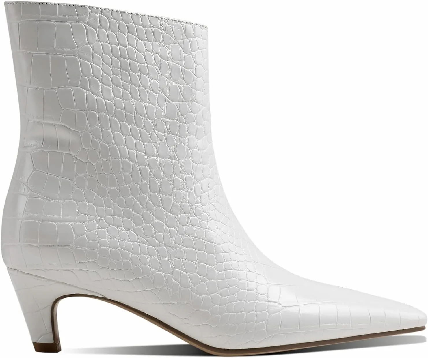Caradise Womens Ankle Boots Pointed Toe Mid Kitten Heel Booties Pull On Wide Calf Crocodile Short Boots