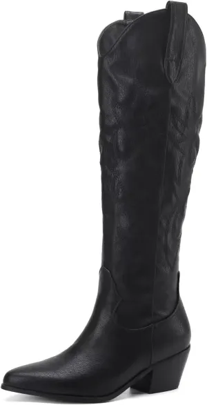CIERWS Women's Embroidered Western Cowboy Boots Cowgirl Boots Knee High Medium Heel Chunky Heel Classic Retro Boots