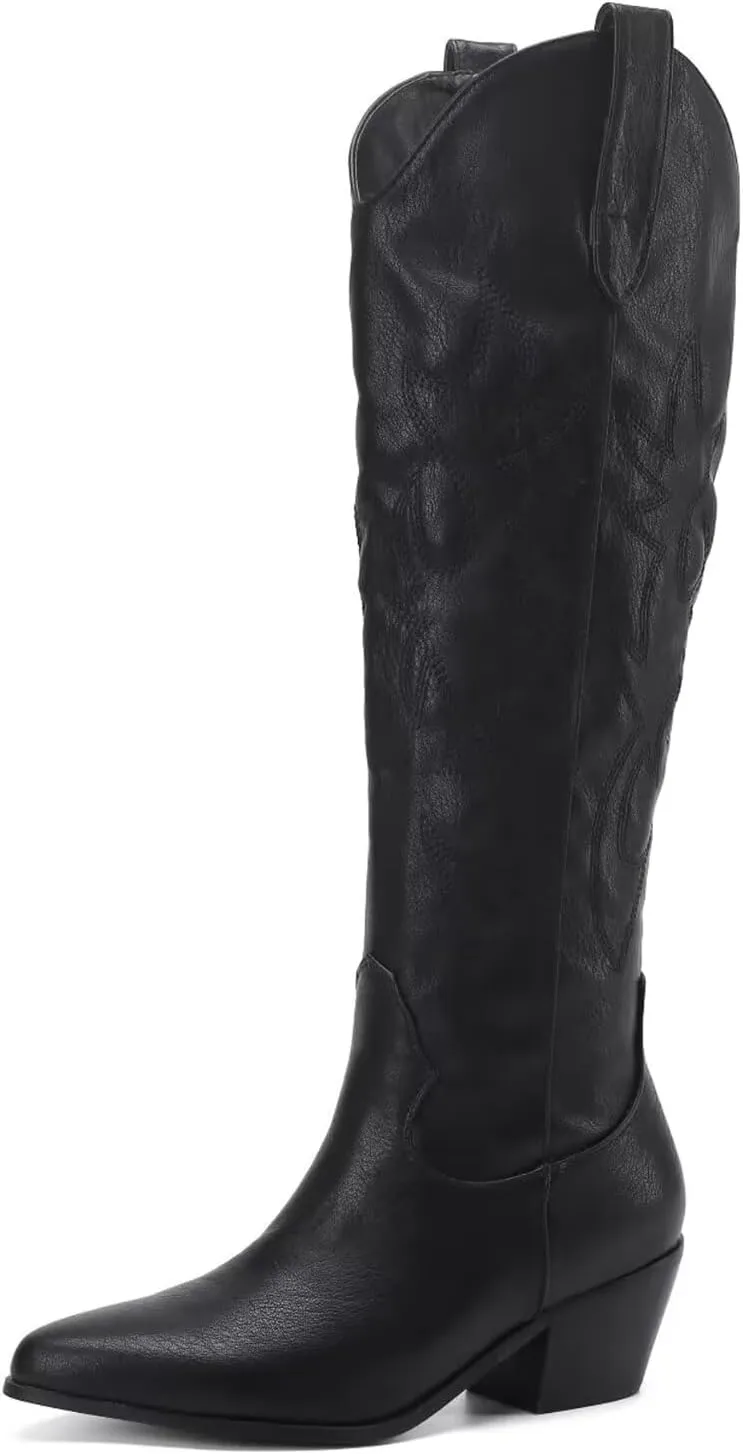 CIERWS Women's Embroidered Western Cowboy Boots Cowgirl Boots Knee High Medium Heel Chunky Heel Classic Retro Boots