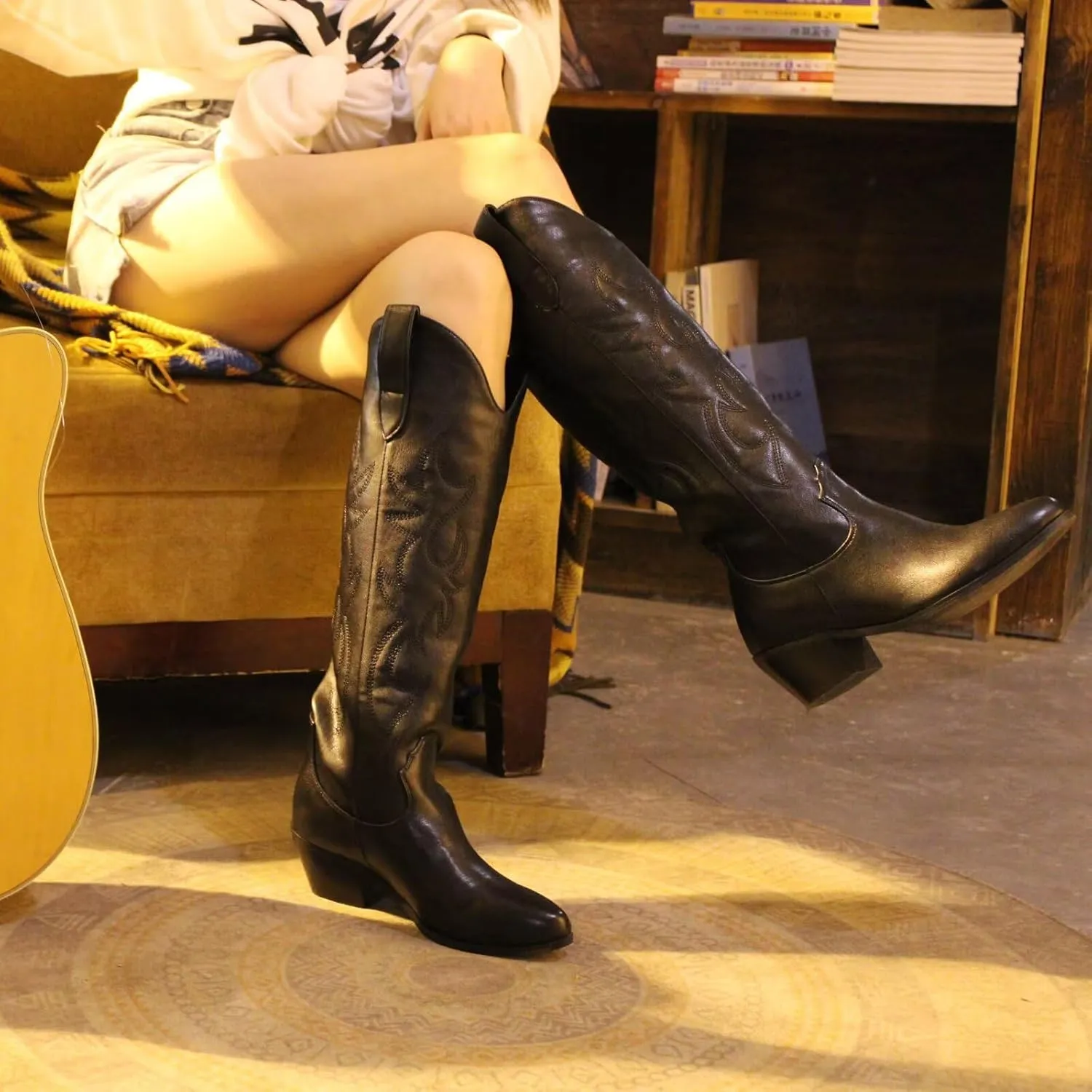 CIERWS Women's Embroidered Western Cowboy Boots Cowgirl Boots Knee High Medium Heel Chunky Heel Classic Retro Boots