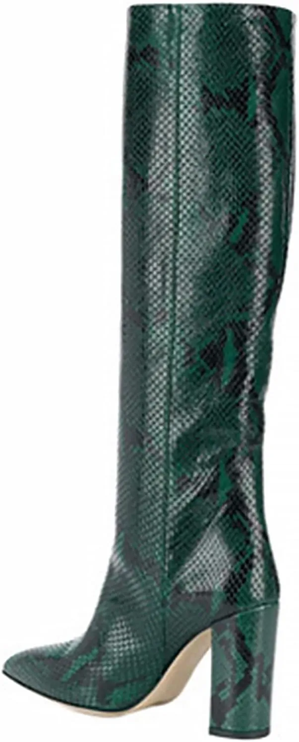 CKSNDLF Women's Metallic Mid-Calf Boots Alligator Print Chunky Heel Knee-High Boots Pointed Toe Mid Block Heel High Top Boots