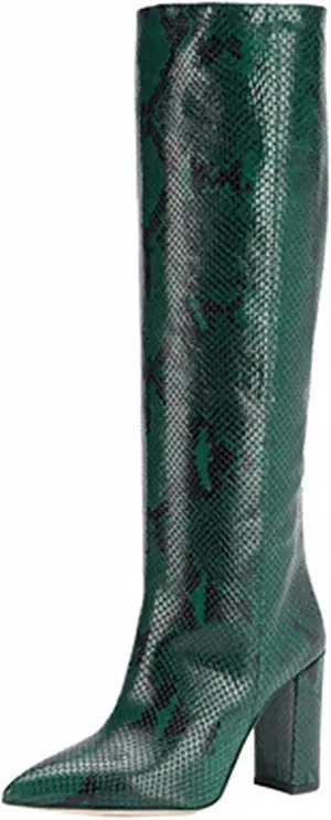 CKSNDLF Women's Metallic Mid-Calf Boots Alligator Print Chunky Heel Knee-High Boots Pointed Toe Mid Block Heel High Top Boots