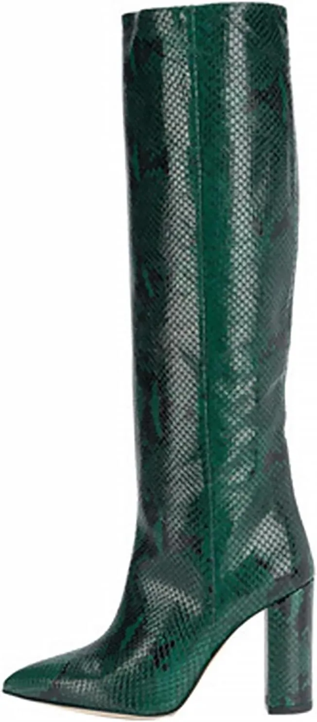 CKSNDLF Women's Metallic Mid-Calf Boots Alligator Print Chunky Heel Knee-High Boots Pointed Toe Mid Block Heel High Top Boots