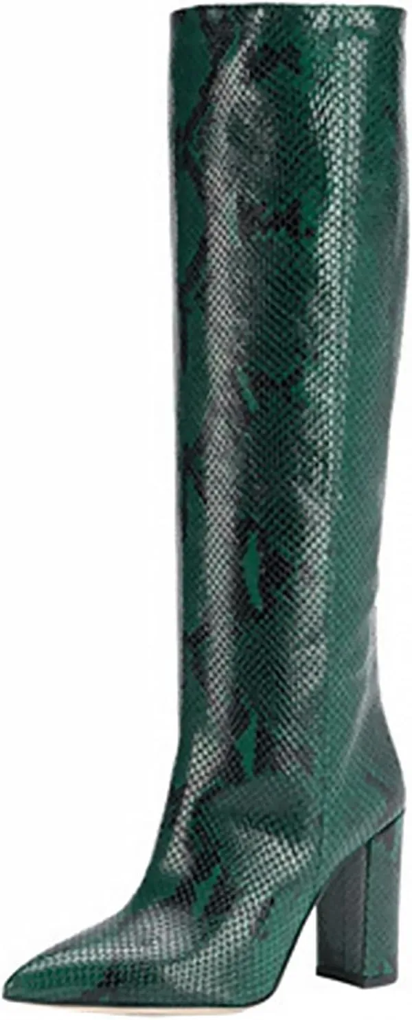 CKSNDLF Women's Metallic Mid-Calf Boots Alligator Print Chunky Heel Knee-High Boots Pointed Toe Mid Block Heel High Top Boots