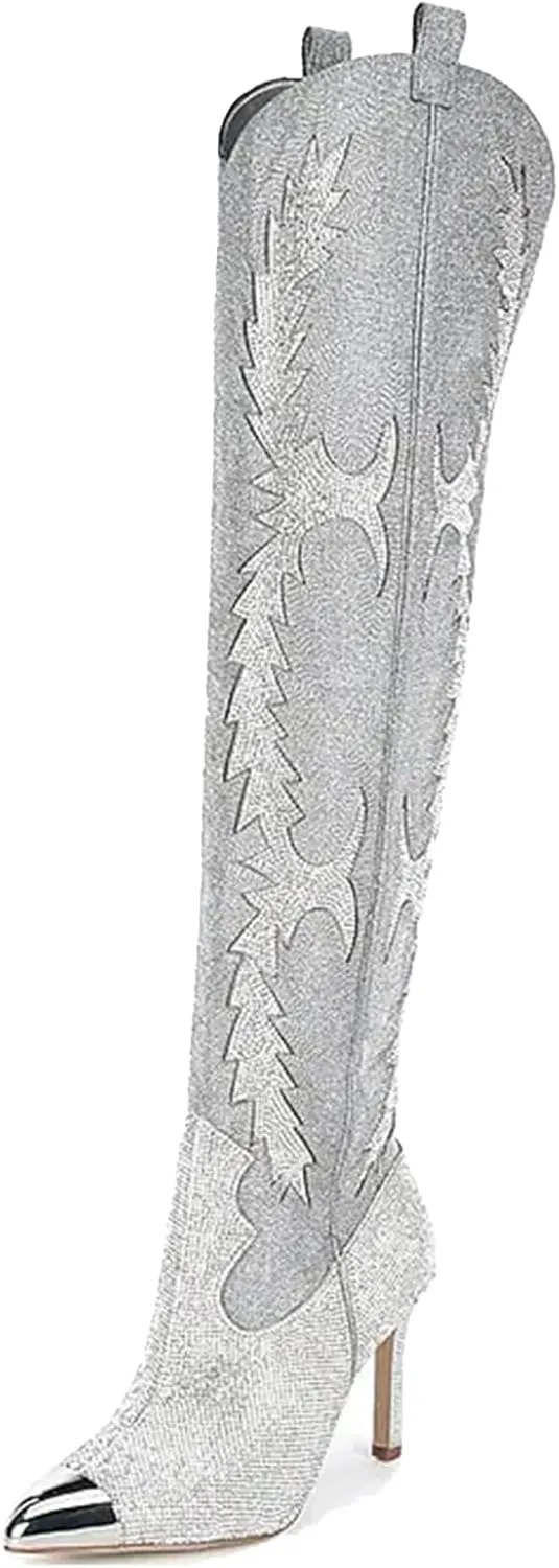 CKSNDLF Women's Western Cowboy Thigh High Boot Rhinestones Cowgirl Boots Glitter Sparkly Boots Over The Knee High Heel Pointed Toe Wedding Party Shoes