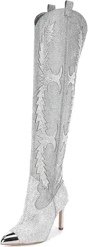 CKSNDLF Women's Western Cowboy Thigh High Boot Rhinestones Cowgirl Boots Glitter Sparkly Boots Over The Knee High Heel Pointed Toe Wedding Party Shoes