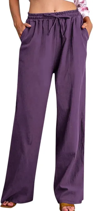 Cotton Linen Pants for Women Dressy Casual Trousers Loose Drawstring Waist Lounge Long Pants Pockets Summer Outfits