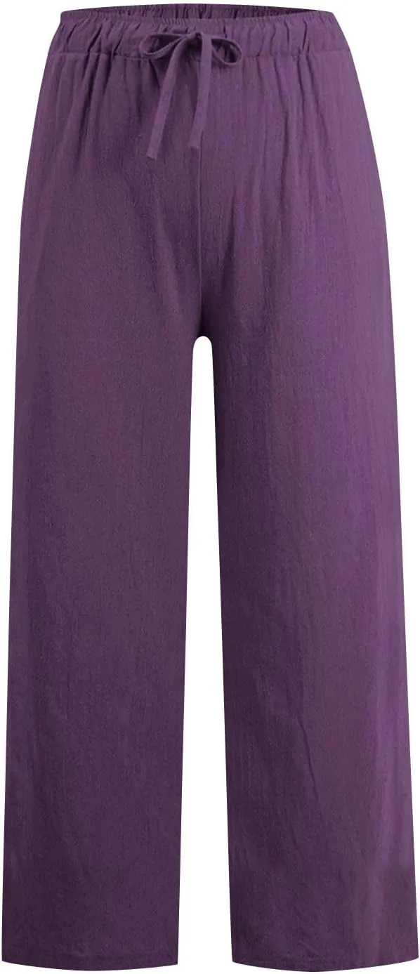 Cotton Linen Pants for Women Dressy Casual Trousers Loose Drawstring Waist Lounge Long Pants Pockets Summer Outfits