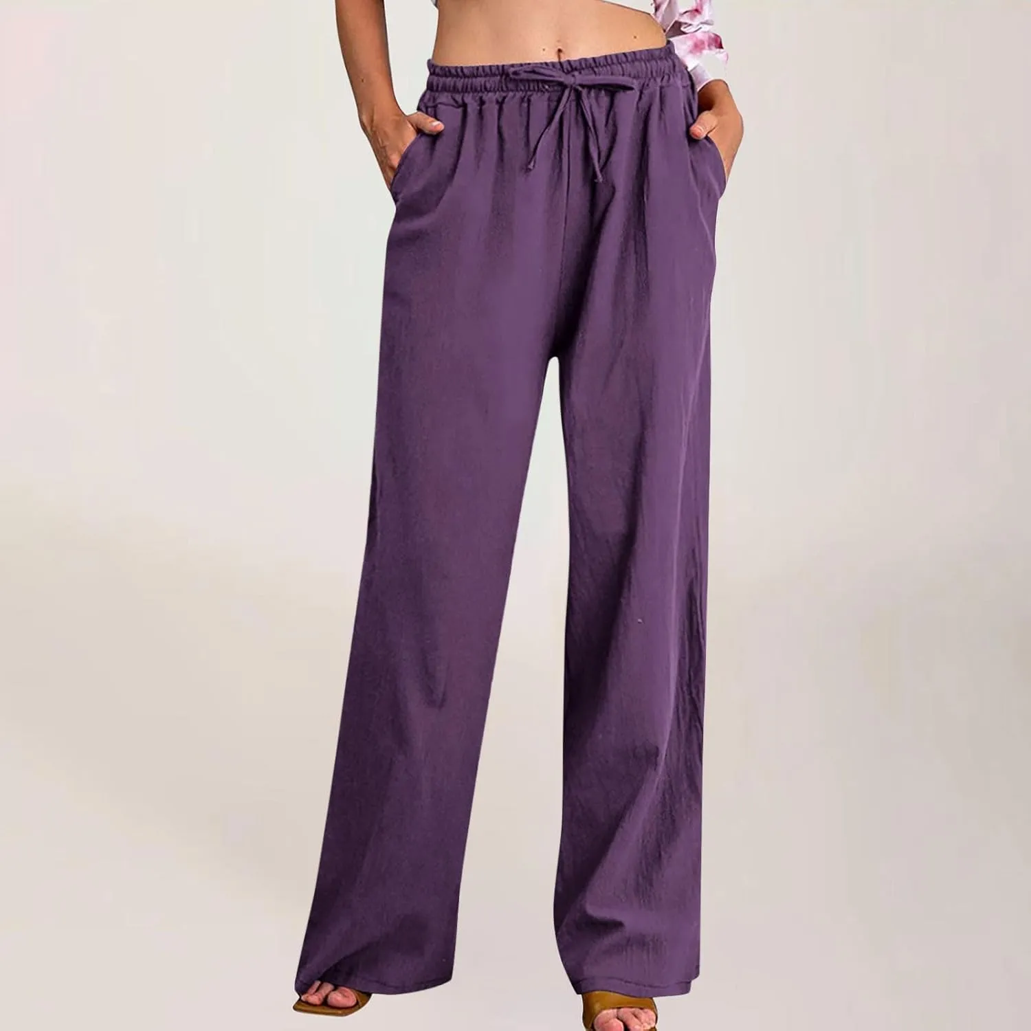 Cotton Linen Pants for Women Dressy Casual Trousers Loose Drawstring Waist Lounge Long Pants Pockets Summer Outfits
