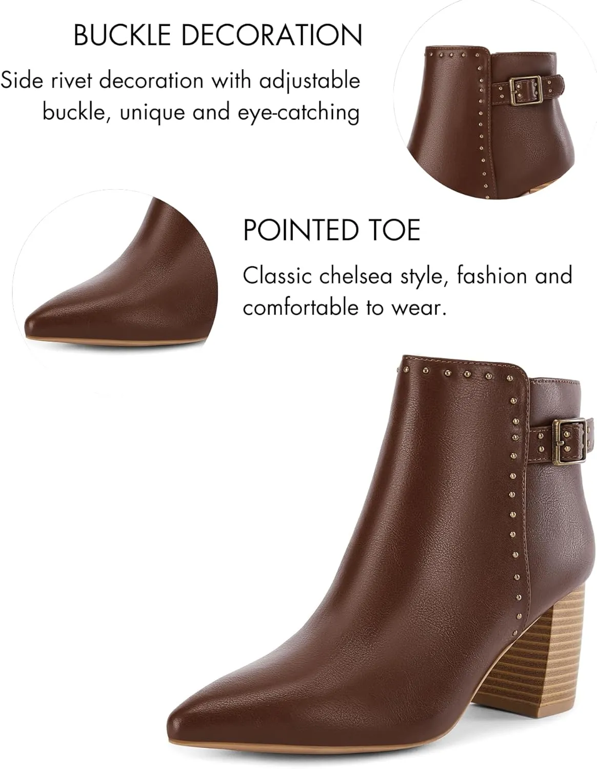 Coutgo Women's Pointed Toe Ankle Boots Chunky Stacked Heel Side Zipper Casual Fall Booties Shoes