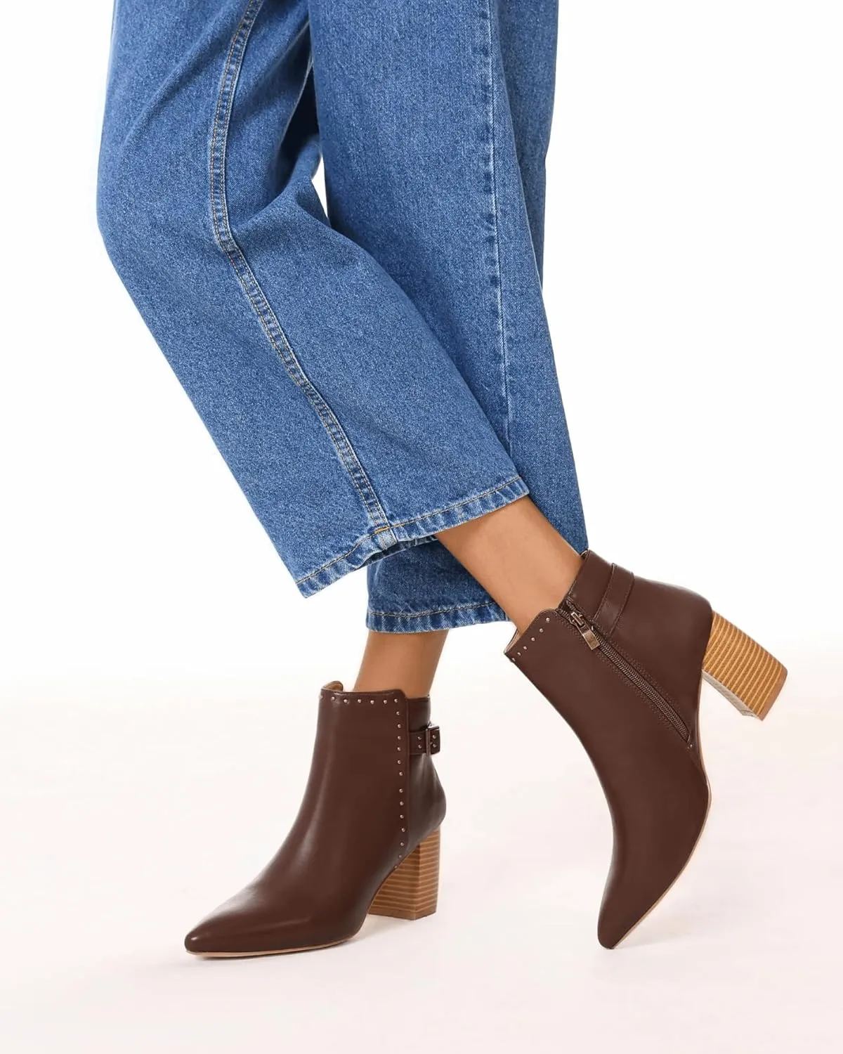 Coutgo Women's Pointed Toe Ankle Boots Chunky Stacked Heel Side Zipper Casual Fall Booties Shoes