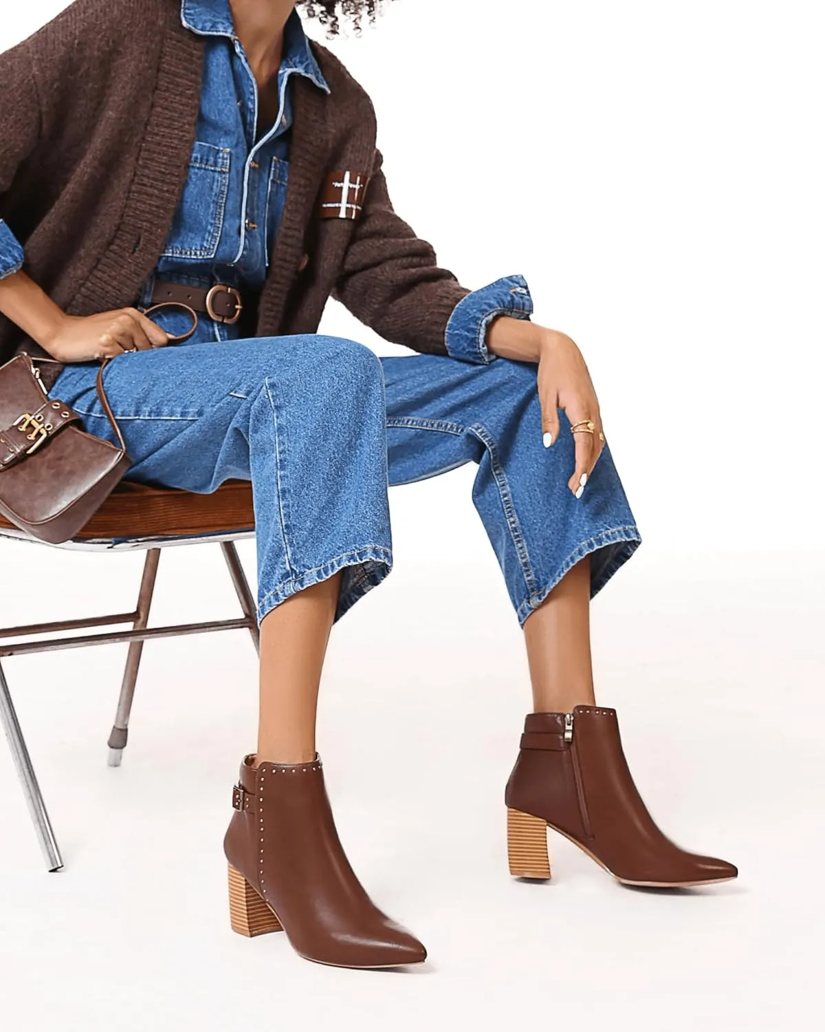 Coutgo Women's Pointed Toe Ankle Boots Chunky Stacked Heel Side Zipper Casual Fall Booties Shoes