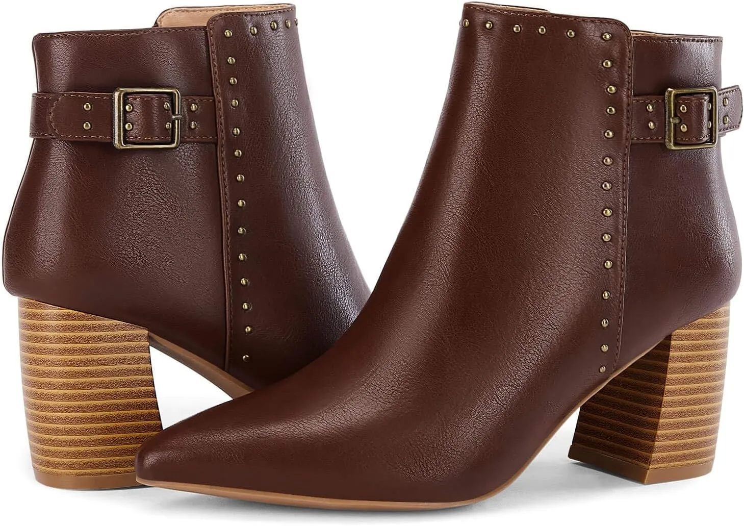 Coutgo Women's Pointed Toe Ankle Boots Chunky Stacked Heel Side Zipper Casual Fall Booties Shoes