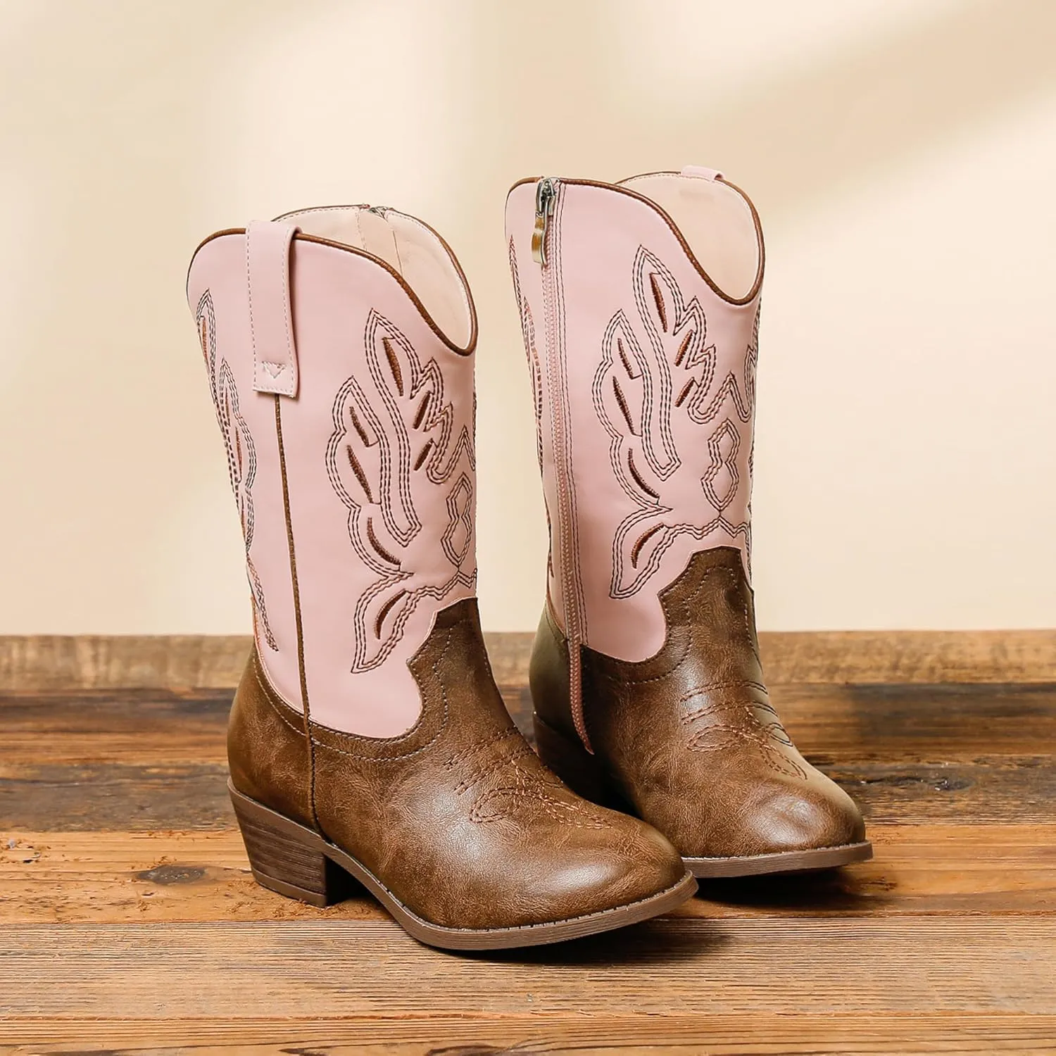 Cowgirl Boots for Little Girls Mid Calf Pointed Toe Kid Cowboy Boots Side Zipper Classic Embroidered Western Boots Horse Riding Shoes Party for Toddler Little Big Kids