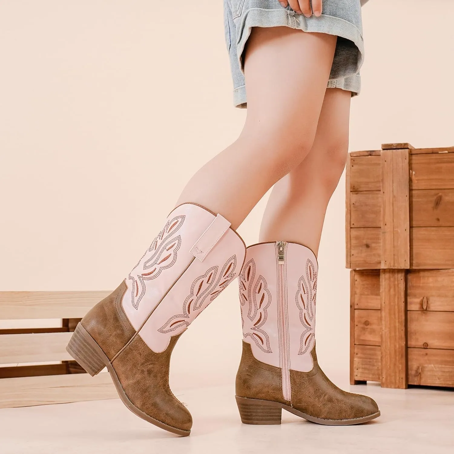 Cowgirl Boots for Little Girls Mid Calf Pointed Toe Kid Cowboy Boots Side Zipper Classic Embroidered Western Boots Horse Riding Shoes Party for Toddler Little Big Kids